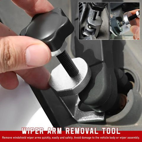 Windshield Wiper Arm Removal Tool Kit Pro Grade Beefed Up Heavy Duty Battery Terminal Puller in use on vehicle wiper arm