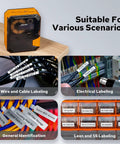 Straight Up Heavy Duty Portable Bluetooth Labeler Built For Job Sites With Thermal Transfer Head Crisp Clear Wire And Cable Labeling On Pet Nylon Self Laminating Tape And Heat Shrink Roll in use labeling wires and cables.