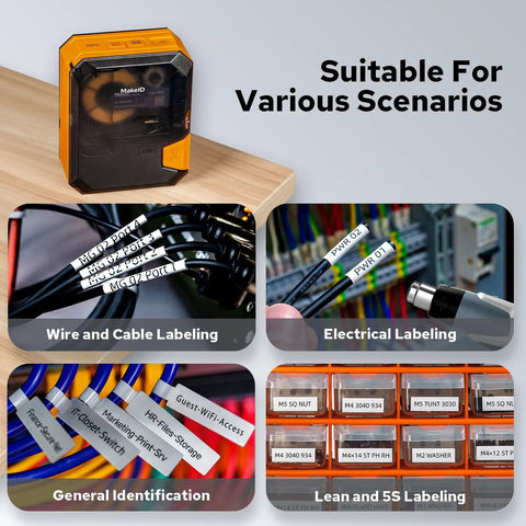 Straight Up Heavy Duty Portable Bluetooth Labeler Built For Job Sites With Thermal Transfer Head Crisp Clear Wire And Cable Labeling On Pet Nylon Self Laminating Tape And Heat Shrink Roll in use labeling wires and cables.