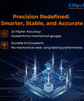 Digital Manifold Gauge For HVAC And Refrigeration Systems With 3 Ports LCD Display infographic highlighting precision and durability features.