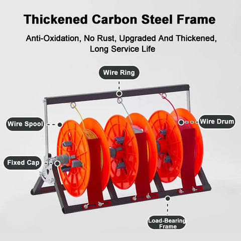 Heavy Duty Wheeled Spool Holder And Wire Cable Dispenser With A 3 Volume Organizer showcasing wire spools and steel frame