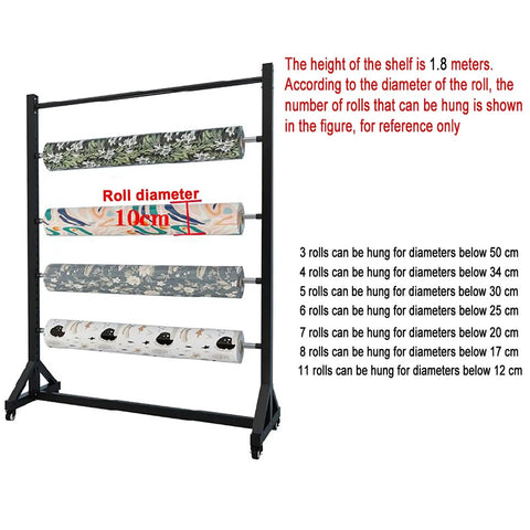 Heavy Duty Rolling Fabric Display Rack With Adjustable Cloth Roll Poles And Casters displaying fabric rolls and capacity guidelines