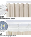 Front and back view of Smooth Move Blackout Room Divider Curtain Panel showing track hanging method and adjustable hooks.