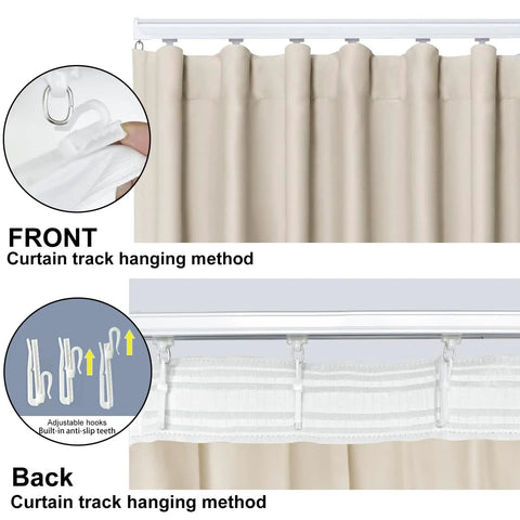 Front and back view of Smooth Move Blackout Room Divider Curtain Panel showing track hanging method and adjustable hooks.