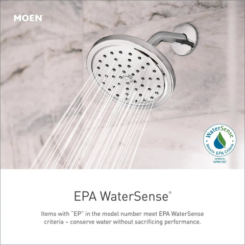 Chateau Chrome Eco Performance Shower Trim Set with sleek showerhead spraying water, mounted on tiled wall