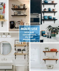 Built Tough Space Saving Folding Shelf Brackets 16 Inch Stainless Steel Collapsible Hinges Wall Mounted L Brackets in various home settings, showcasing versatility for different wall types.