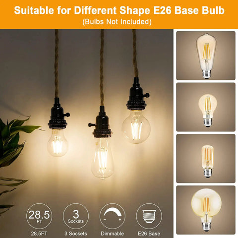 Pendant Light Cord Kit With Stepless Dimmer 28.5ft Plug In Hanging Light With Triple E26 Base Sockets Vintage Twisted Hemp Rope