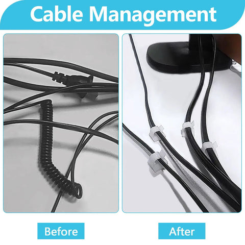 100 Pack Adhesive Cable Clips Clear for Cables Up To 5mm before and after cable management comparison on a desk