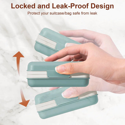 Hand holding blue Leakproof Bar Soap Holder With Lid For Shower Portable Travel Soap Case Box Gym Bag Friendly Camping And Hiking Gear