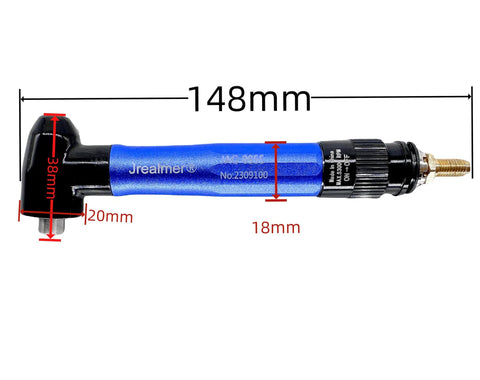 Heavy Duty 95 Degree Right Angle Air Die Grinder Built Different With Precision Gears And Fast Spinning Power Includes 1 8 3 And 3 32 Inch Collets, showing dimensions and design.
