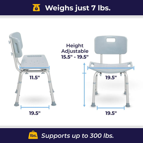 Shower Chair With Back Support For Safe Easy Bathing In The Tub Adjustable Bathroom Bench Lightweight Grey