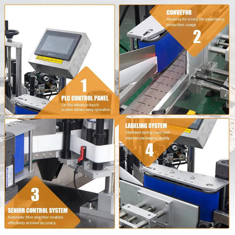 Smooth Operator Automatic Round Bottle Labeler With Date Coder And Smart Panel For Cans And Wine Packaging 110V System control panel and conveyor close-up