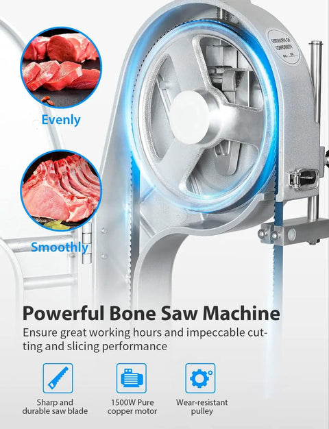 Heavy Duty 1500W Electric Bone Saw Works Like A Champ Crushing Frozen Beef Chicken Fish And Pork Blocks Up To Five Point Nine Inches Thick Includes Six Razor Ready Blades For Low Stress Prep On A Roomy Twenty By Fifteen Inch Commercial Table, close-up of sharp saw blade and motor.