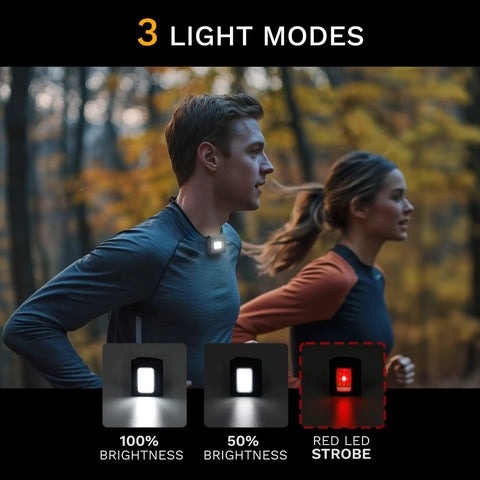 Clip On LED Running Lights 2 Pack USB Rechargeable Reflective Night Jogger Gear For Runners Camping And Hiking Ultra Bright Visibility Up To 160 Feet Lightweight Clip On Safety Lights showing three light modes.