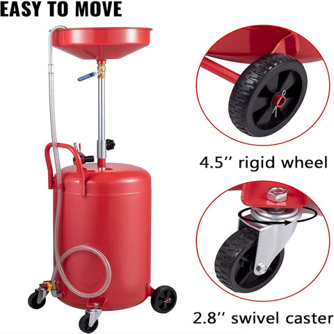 Heavy Duty 20 Gallon Waste Oil Drain Tank With Air Operated Drainer showing red tank with wheels and adjustable funnel