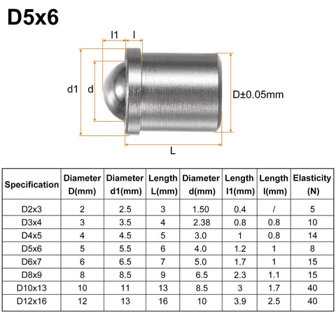 Dead On Precision 30 Pack 5X6MM 304 Stainless Steel Spring Loaded Ball Plungers with dimensions and specifications.