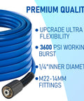 50 Ft High Pressure Washer Hose 3600 PSI Flexible And Kink Resistant Replacement With One Quarter Inch Quick Connect M22 Three Eighths Inch Adapters Heavy Duty Power Washer Extension Blue coiled with fitting
