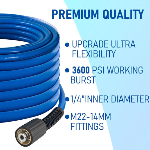 50 Ft High Pressure Washer Hose 3600 PSI Flexible And Kink Resistant Replacement With One Quarter Inch Quick Connect M22 Three Eighths Inch Adapters Heavy Duty Power Washer Extension Blue coiled with fitting