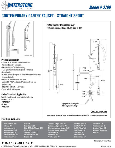 Contemporary Gantry Kitchen Faucet With Retractable Pulldown Sprayer And Tall Straight Spout specifications and installation guide.