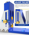 All Metal Pocket Hole Jig Drill Guide Kit For 15 Degree Angled Holes showing adjustable depth feature with inch and metric measurements.