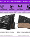 Front view of Bucklos BL-05S ceramic brake pad pair for MTB hydraulic discs; black housing with brown friction material