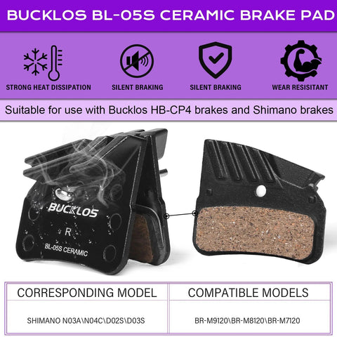 Front view of Bucklos BL-05S ceramic brake pad pair for MTB hydraulic discs; black housing with brown friction material