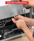 Person using Ratcheting Screwdriver Set 13 In 1 All In One Multi Bit Tool With Torx Security on appliance with 1/4 inch nut driver.