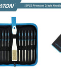 LIBRATON 13-piece needle file set in blue zip case, front view with 6 jeweler's and 6 steel files plus brush
