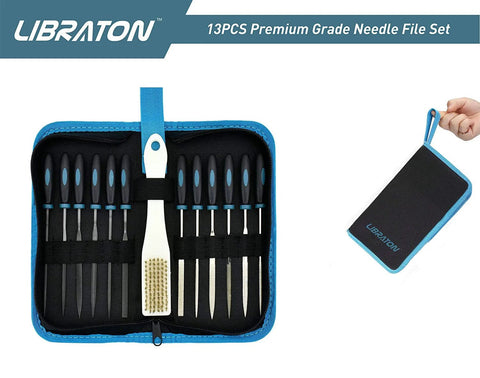 LIBRATON 13-piece needle file set in blue zip case, front view with 6 jeweler's and 6 steel files plus brush