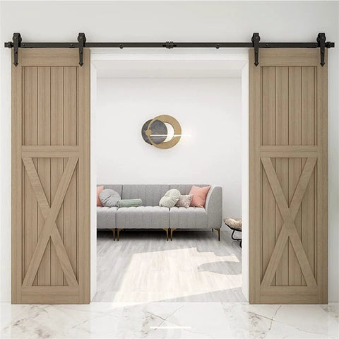 Heavy Duty Bypass Sliding Barn Door Hardware Kit For Double Doors With Single Track Carbon Steel Black Powder Coated