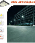 Dusk To Dawn 300W LED Parking Lot Light Hella Bright 5700K 39,000 Lumens Shoebox Outdoor Fixture with Photocell lighting up a building.