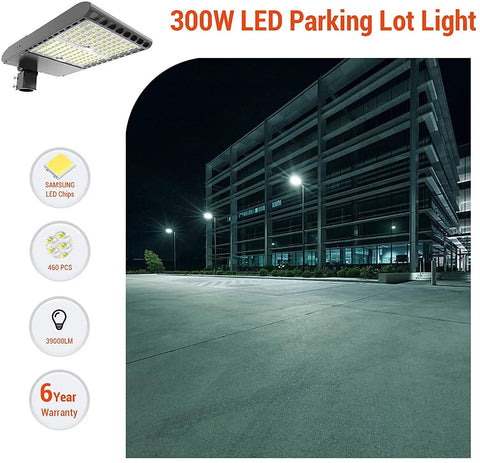 Dusk To Dawn 300W LED Parking Lot Light Hella Bright 5700K 39,000 Lumens Shoebox Outdoor Fixture with Photocell lighting up a building.