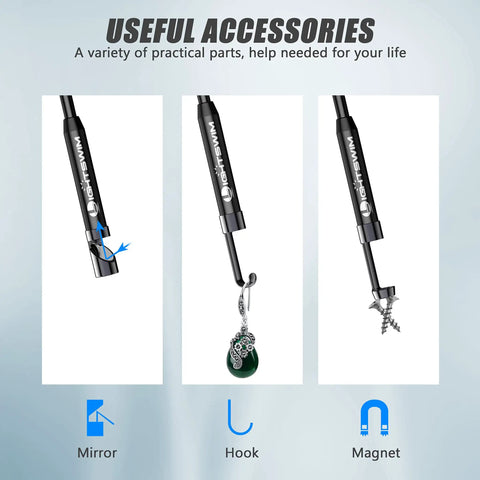 Endoscope Camera With 8 LED Lights Type C Borescope showing mirror, hook, magnet attachments for Android and iOS devices