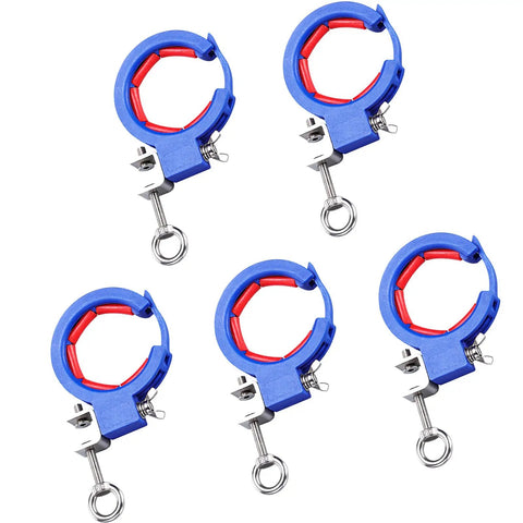 Five blue Beefy Heavy Duty Cable Tray Roller Guide with 65mm opening, stainless steel clamps for cable routing and pulling.