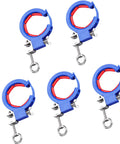 Five Beefy Heavy Duty Cable Tray Roller Guides for Easy Wire Laying and Pulling, blue nylon with 65mm openings and clamps.