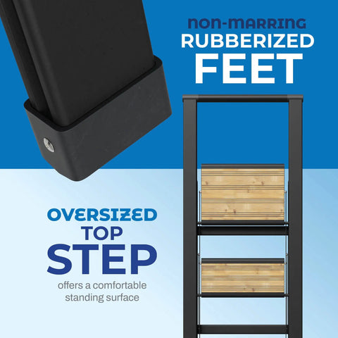3 Step Folding Step Ladder With Bamboo And Black Aluminum Dope Ultra Slim Profile Non Slip Treads Lightweight Yet Durable For Home Office Kitchen Photography And DIY Projects Portable, non-marring rubber feet