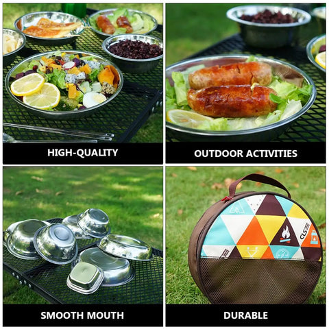 Stainless Steel Outdoor Dining Set With Plates Bowls And Cutlery Compact Camping Tableware Kit for Beach BBQ Hiking and Picnics