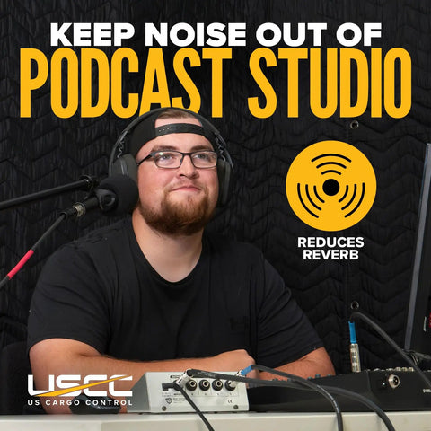 Person in podcast studio with Massive Studio Ready 96 By 80 Inch Sound Dampening Blanket with grommets on the wall.