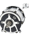 Heavy Duty Brushless Differential Axle Motor For Go Karts Trikes Quad And Atvs Featuring Built Different Pure Copper Windings And Savage 48 Volt 1000 Watt Output That Flattens Slopes Easy close-up of the motor's front with silver and black components.
