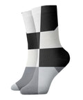 Unisex Black And White Piano Grid Thermal Crew Socks For Cold Snap Days And Breathable Moisture Wicking Winter footwear in a gray and black pattern.