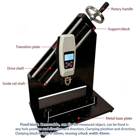 90 Degree Peel Force Test Stand With Digital Readout Gauge For Tape Film And Label Release Strength Testing Workhorse Manual Pull Push Tester 10 To 100N Capacity 200mm Stroke, black metal base