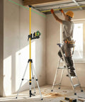 Laser Level Pole Kit For Pros with twelve foot adjustable telescoping pole in use on jobsite with a worker on a ladder.