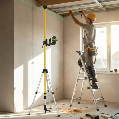 Laser Level Pole Kit For Pros with twelve foot adjustable telescoping pole in use on jobsite with a worker on a ladder.