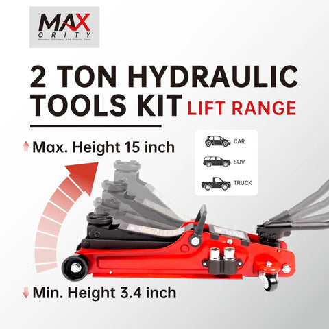 Beefy Two Ton Hydraulic Low Profile Floor Jack Kit With Blow Mold Carrying Case And Universal Tire Tool Kit With Lug Wrench For Home Garage And Workshop Vehicle Maintenance And Tire Service