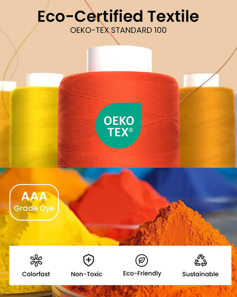 Close-up of eco-certified AAA grade dye spools from All-In-One Pro Grade Sewing Thread Kit With 48 Colors And 400 Yards Per Spool.