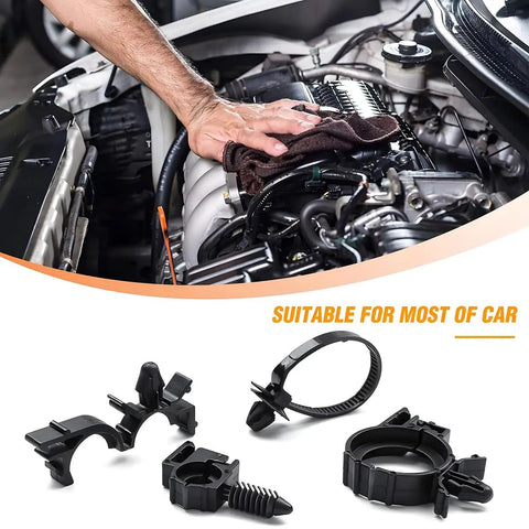 60 Piece All In One Car Wire Loom Harness Routing Clips Kit 6 Size Assortment shown in engine with nylon clips