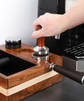 Espresso Knock Box And 4 In One Organizer For Home Barista Setup With Tamper Stand Distributor Holder 51 And 54 Mm Portafilter Basket Holders And Wooden Base Built To Last For Your Coffee Station in use with tamper and portafilter