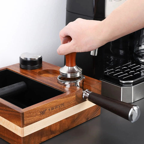 Espresso Knock Box And 4 In One Organizer For Home Barista Setup With Tamper Stand Distributor Holder 51 And 54 Mm Portafilter Basket Holders And Wooden Base Built To Last For Your Coffee Station in use with tamper and portafilter