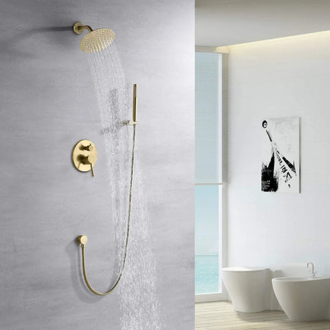 Top Notch Brushed Gold Shower Faucet System With A Sleek Eight Inch Rainfall Head Pumping High Pressure And Equipped With Slick Silicone Nozzles That Wipe Away Lime Buildup No Sweat For A Solid Bath Upgrade