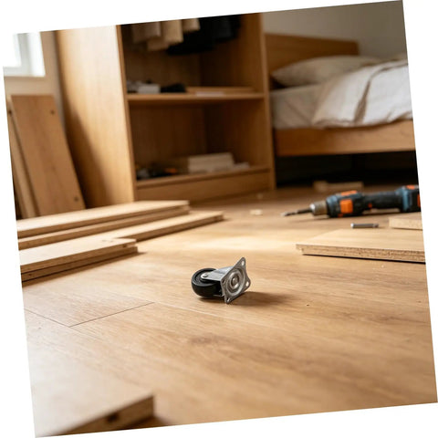 Four Pack Two Inch Rubber Swivel Caster Wheels Dead Silent Low Profile Design resting on hardwood flooring with tools in background.